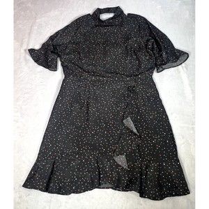 Sugar + Lips Dress Women L Black Faux Wrap Ruffle Star Print Mock Neck Open Back